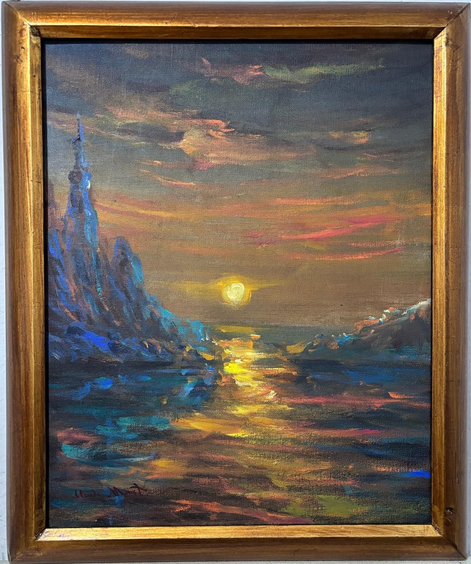 Claude Monet French 1840 - 1926 Oil on canvas in the style of. Renoir & Manet Impressionist Era.: Technique: Oil on canvas Title: Untitled Measures: 19 x 16 inches Year: Not dated Condition: Good Collection: Private collection This oil painting portrays a dramatic seascape at sunset or sunrise, wi
