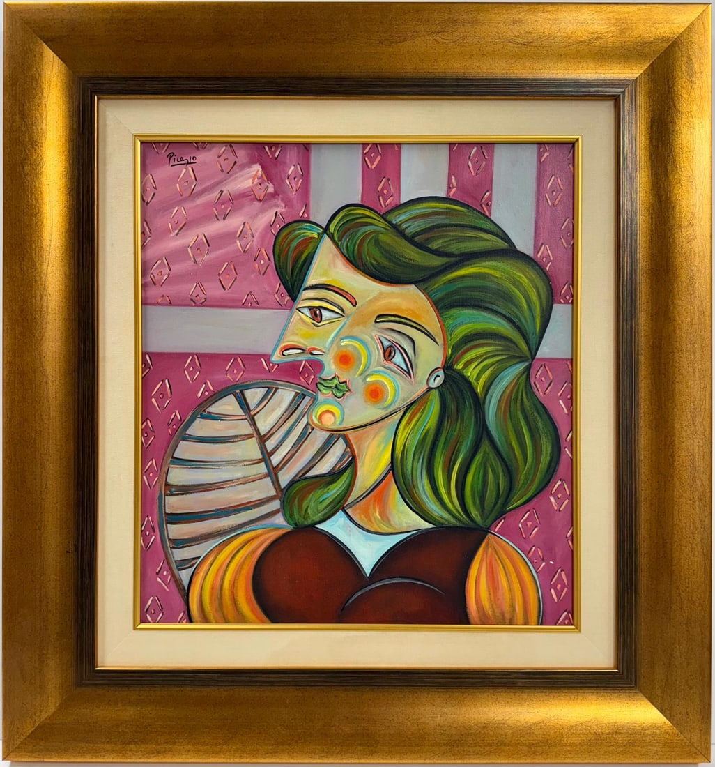 Pablo Picasso Spanish Oil on Canvas In The Style Of. Dali, Magritte, Chagall & Picasso Era: Technique: Oil on canvas Measures: 20 x 18 inches Year: 1937 Title: Untitled Condition: Good Collection: Private collection Artwork Description:This Cubist-style painting portrays a female figure with