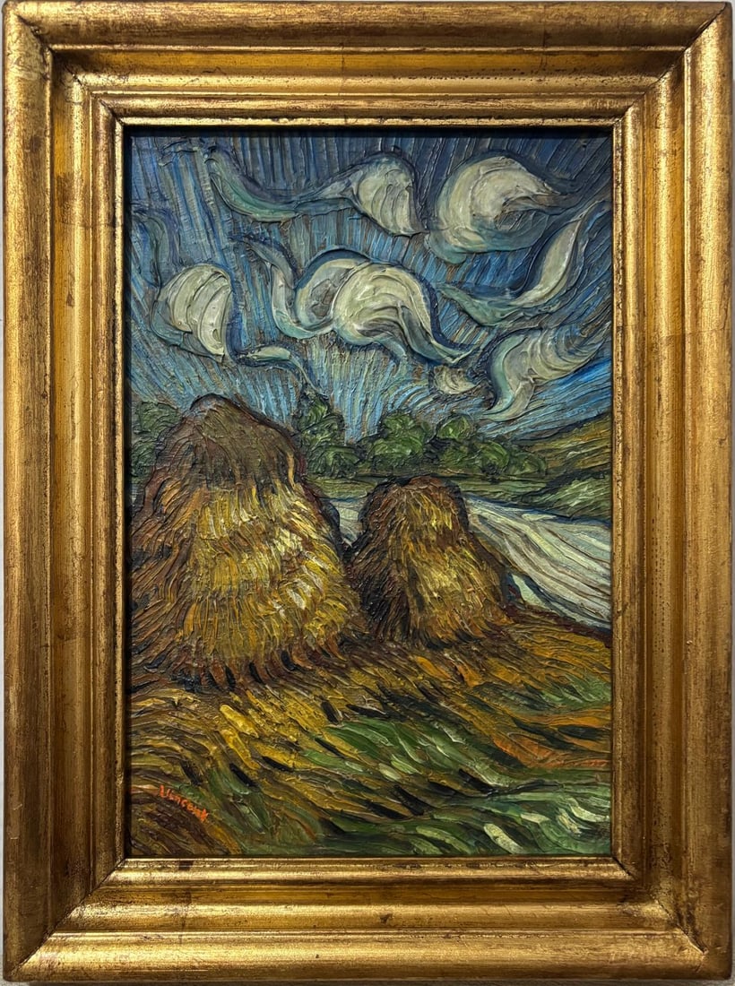 Vincent Van Gogh Dutch 1853-1890 Oil on Canvas painting. Gaugin & Van Gogh Impressionist Period.: Technique: Oil on canvas Measures: 13 x 10 inches Year: Undated Title: Landschap Condition: Good Collection: Private collection Artwork Description:This expressive oil painting presents a pastoral sce