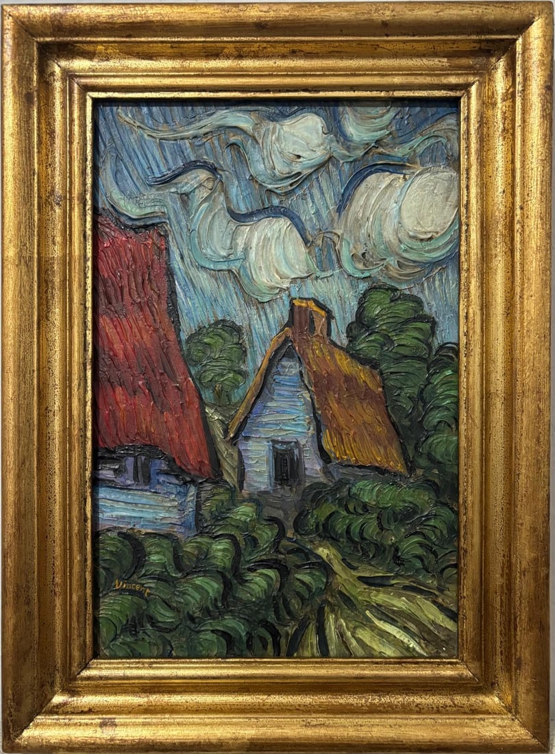 Vincent Van Gogh Dutch 1853-1890 Oil on Canvas painting. Gaugin & Van Gogh Impressionist Period.: Technique: Oil on canvas Measures: 13.5 x 10 inches Year: Undated Title: Twee Woningen Condition: Good Collection: Private collection Artwork Description:This expressive oil painting captures a pictur
