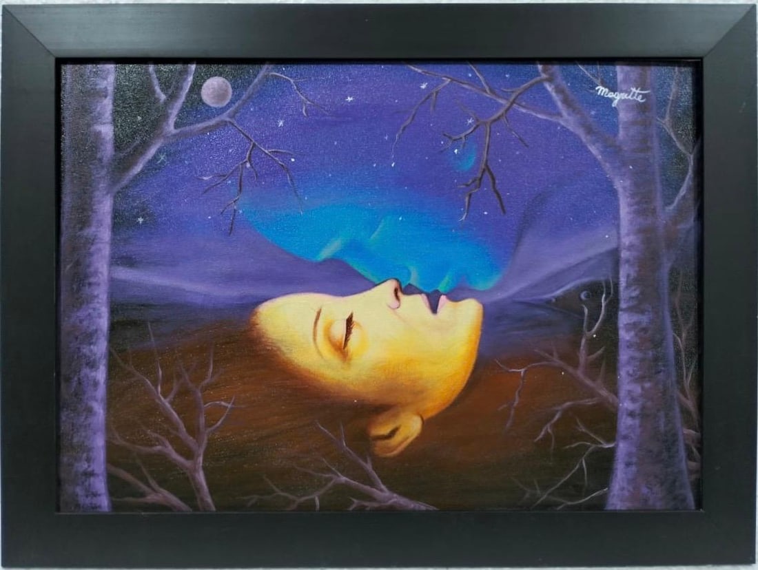 Rene Magritte Belgian 1898 - 1967 Oil on Canvas Painting in The Style of. Art Deco-Surrealist Era.: Title: L'amour dans l'air Date: Circa 1962-1963 Medium: Oil on canvas Dimensions: 16 x 23 in. Collection: Private Condition: Good This surrealist painting presents a dreamlike composition of a woman��