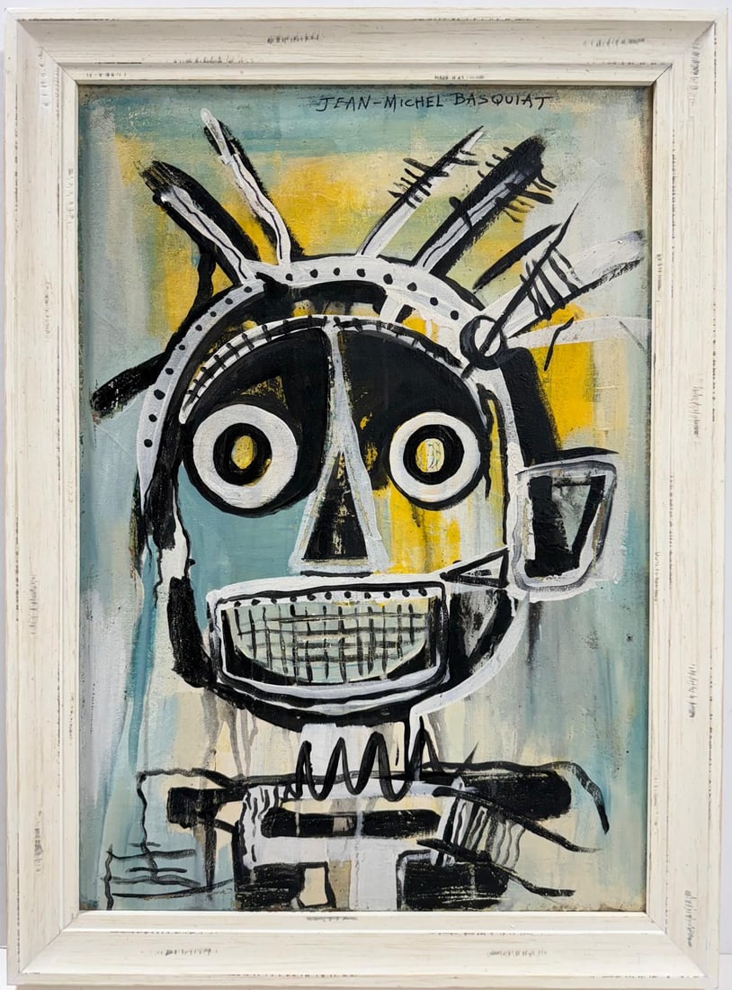 Jean Michel Basquiat Abstract In The Style of. Warhol, Haring & Basquiat Era. Mixed Media/Canvas.: Title: Untitled Date: Undated Medium: Mixed technique on canvas Dimensions: 22 x 15 inches Collection: Private Condition: Good This striking mixed-media painting features a raw, expressive portrait of