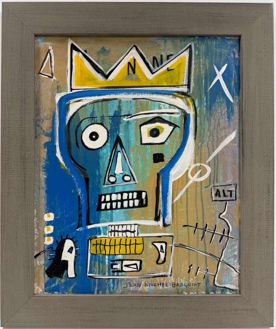 Jean Michel Basquiat Abstract In The Style of. Warhol, Haring & Basquiat Era. Mixed Media/Canvas.: Title: Untitled Date: 1980 Medium: Mixed technique on canvas Dimensions: 20 x 16 inches Collection: Private Condition: Good This artwork showcases an abstract and raw portrait of a skeletal figure wit