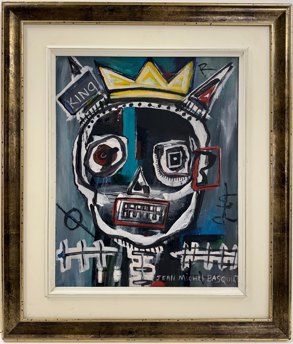 Jean Michel Basquiat Abstract In The Style of. Warhol, Haring & Basquiat Era. Oil/Canvas.: Title: Untitle Technique: Oil on canvas Date: Undated Measurements: 20 x 16 inches Collection: Private collection Condition: Good condition Visual Description:This dynamic oil on canvas features a bol