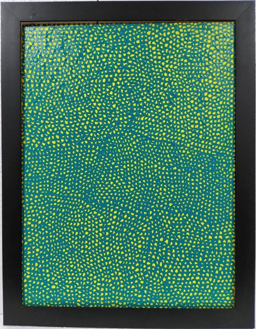 Yayoi Kusama (B.1929), In the Style of. Andy Warhol and Haring Pop Art Era. Oil on canvas: Title: Infinity Nets Technique: Oil on canvas Date: 2006 Measurements: 29 x 22 inches Collection: Private collection Condition: Good condition Visual Description:This mesmerizing oil on canvas composi