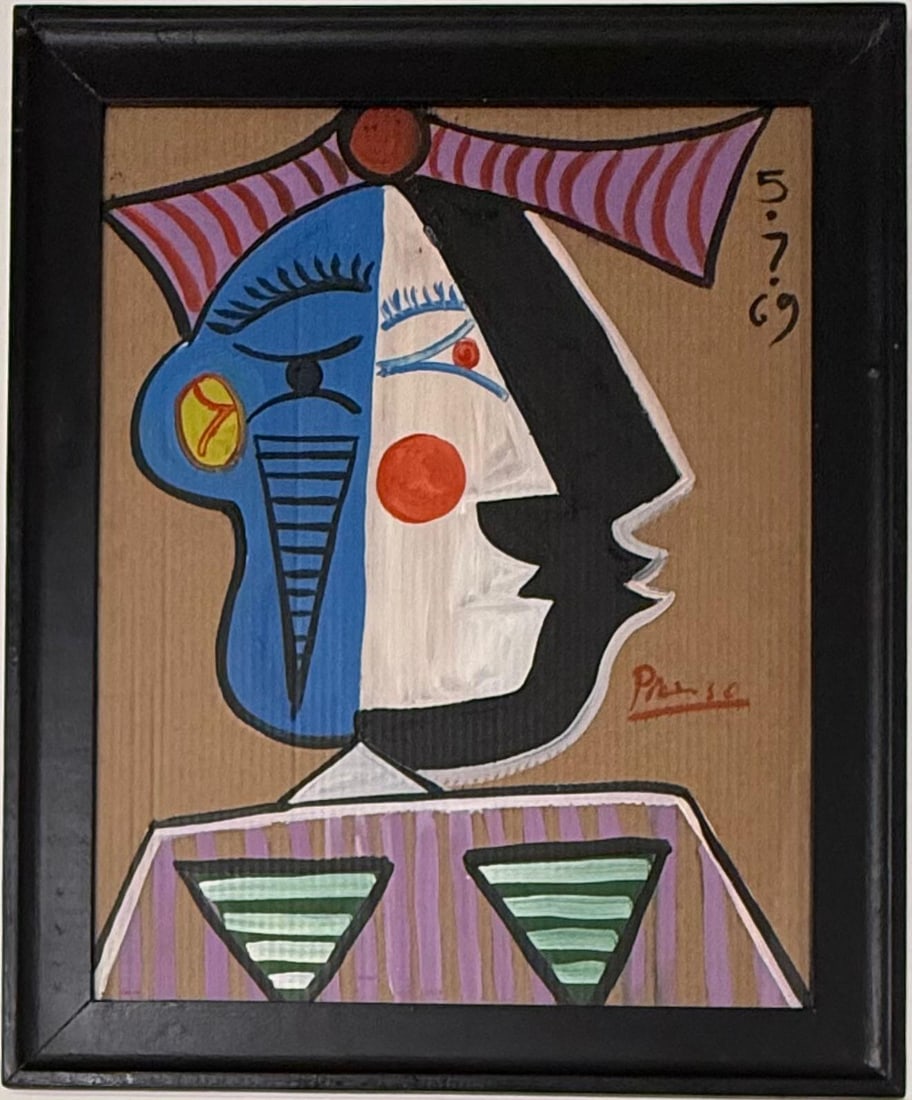 Pablo Picasso Spanish Oil on Canvas In The Style Of. Dali, Magritte, Chagall & Picasso Era: Technique: Oil on canvas Measures: 27.5 x 21.5 inches Year: 1969 Title: Buste d’homme Condition: Good Collection: Private collection Artwork Description:This Cubist-style portrait presents a highly 