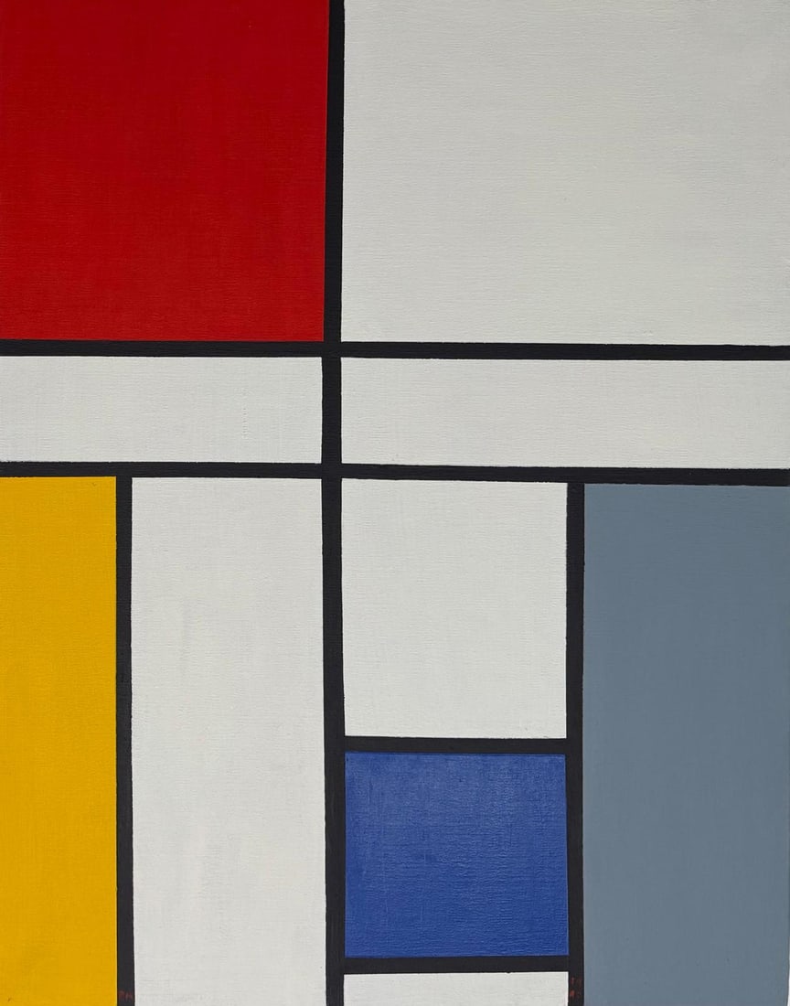 Piet Mondrian Dutch 1872- 1911 Oil on Canvas Painting in the style of. Modernism and Abstraction Era: Title: Unknown Year: Unknown Medium: Oil on canvas Dimensions: 28 x 22 inches Collection: Private Collection Condition: Good This geometric oil on canvas painting exemplifies a minimalist and modernis