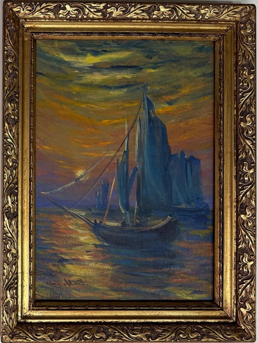 Claude Monet French 1840 - 1926 Oil on canvas in the style of. Renoir & Manet Impressionist Era.: Title: Unknown Year: Unknown Medium: Oil on canvas Dimensions: 13 x 9 inches Collection: Private Collection Condition: Good This evocative oil on canvas painting depicts a serene maritime scene at dus