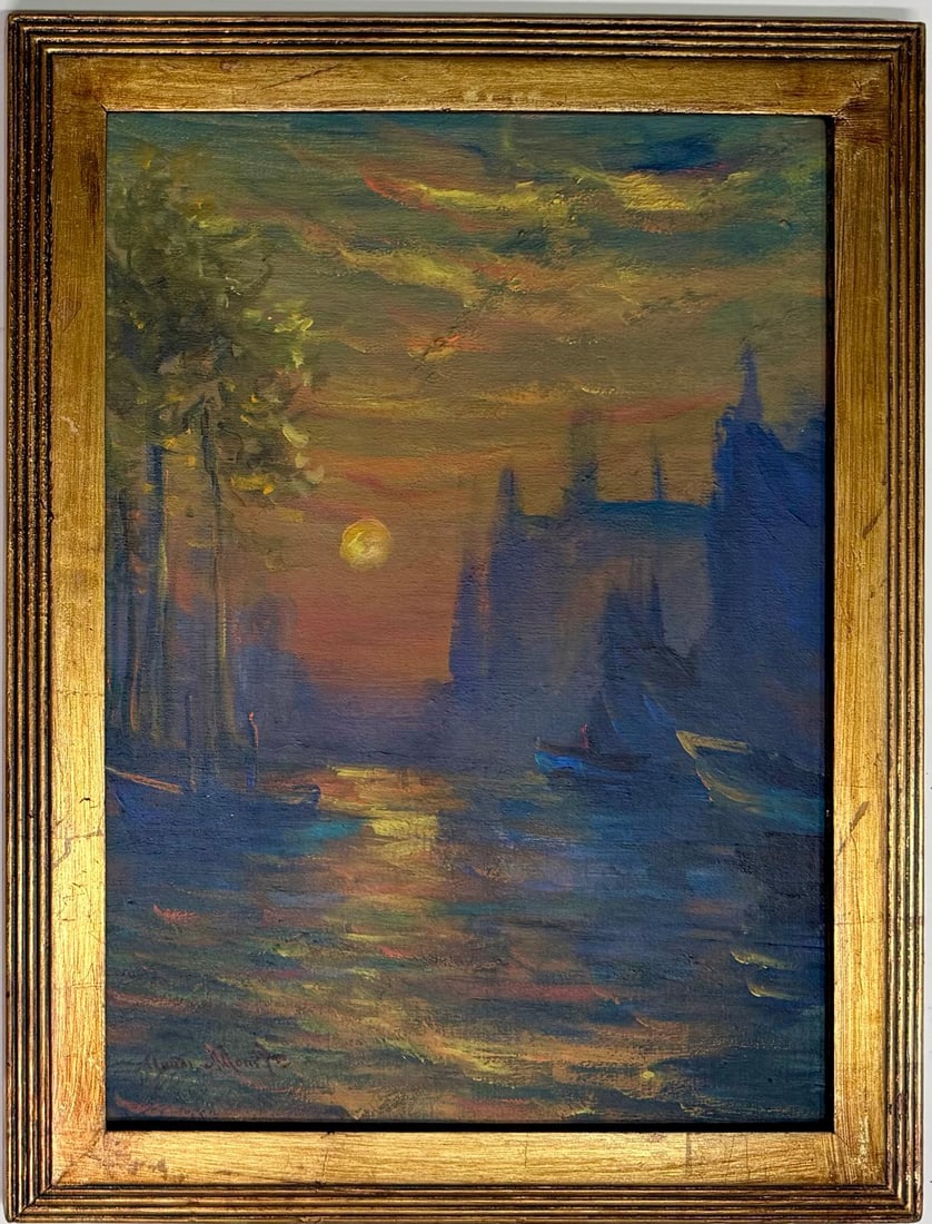 Claude Monet French 1840 - 1926 Oil on canvas in the style of. Renoir & Manet Impressionist Era.: Title: Unknown Year: Unknown Medium: Oil on canvas Dimensions: 14 x 10 inches Collection: Private Collection Condition: Good This atmospheric oil on canvas painting captures a tranquil waterfront scen