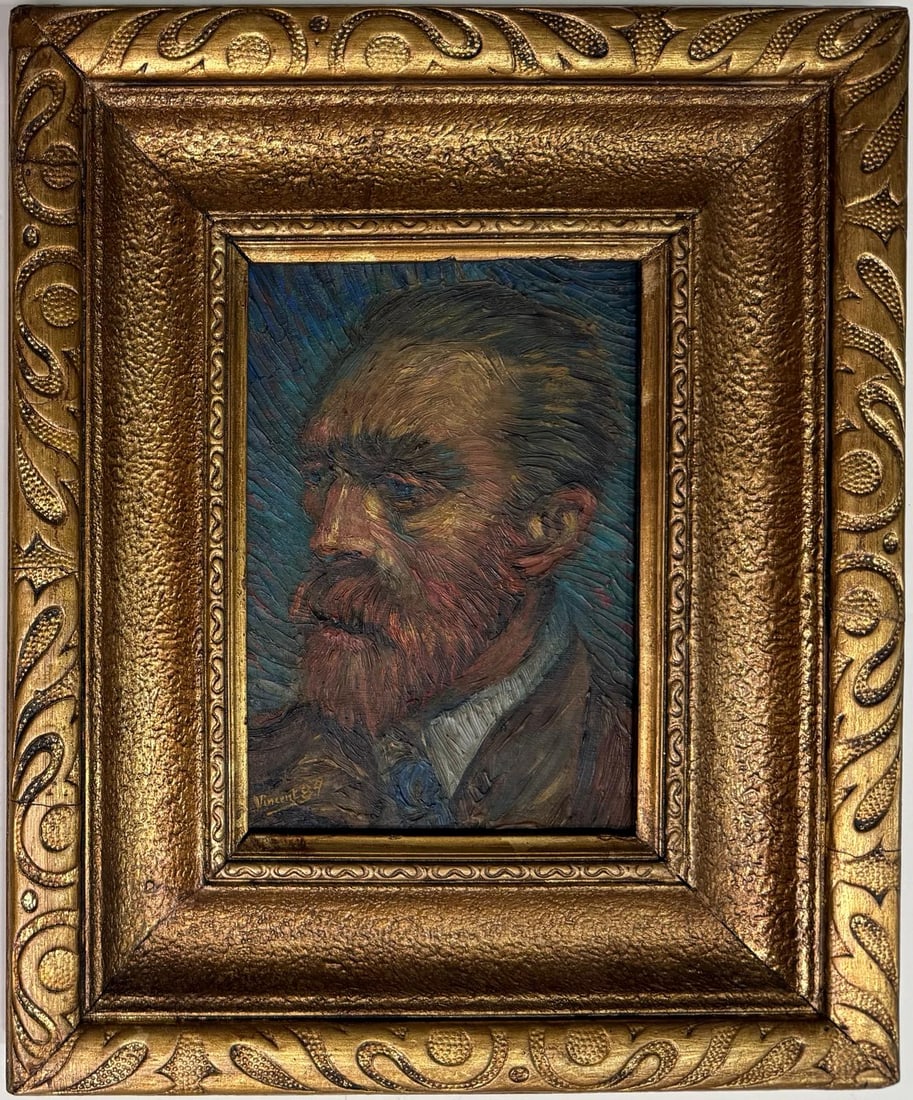 Vincent Van Gogh Dutch 1853-1890 Oil on Canvas painting. Gaugin & Van Gogh Impressionist Period.: Title: Self-portrait Year: Unknown Medium: Oil on canvas Dimensions: 8.5 x 6 inches Collection: Private Collection Condition: Good This intimate oil on canvas self-portrait features a bearded man in t