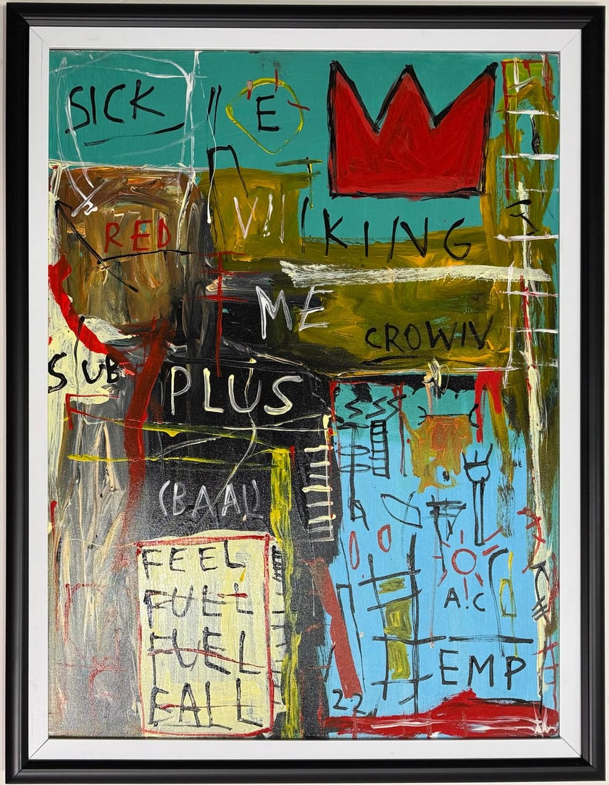 Jean Michel Basquiat Abstract In The Style of. Andy Warhol and Haring Era. Acrylic on Canvas: Title: Untitled Year: 1982 Medium: Acrylic on canvas Dimensions: 32 x 24 inches Collection: Private Collection Condition: Good This acrylic on canvas painting, Untitled, is a bold, layered composition