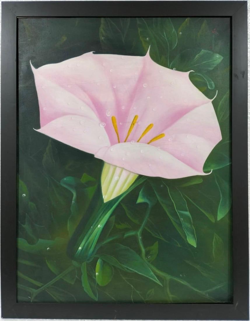 Georgia O'Keeffe American Oil On Canvas Painting in the style of. Pollock & O'Keeffe. Abstract Era: Title: Untitled Year: Unknown Medium: Oil on canvas Dimensions: 36 x 27 inches Collection: Private Collection Condition: Good This elegant oil on canvas painting features a close-up botanical portrait
