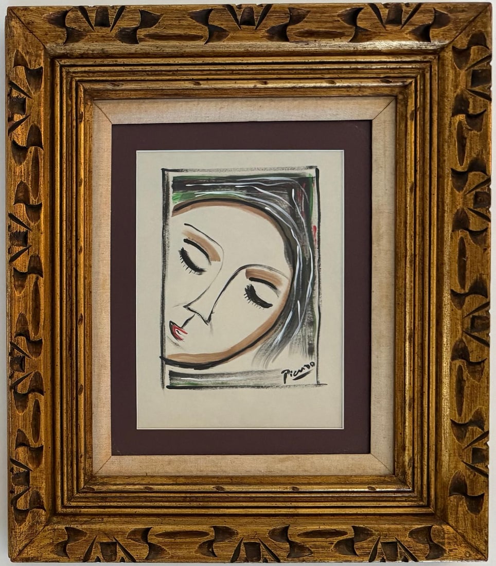 Pablo Picasso Spanish Gouache on Paper In The Style Of. Dali, Magritte, Chagall & Picasso Era: Title: Untitled Technique: Gouache on paper Measures: 11 x 8.5 inches Year: Unknown Condition: Good Collection: Private collection Visual Description:This intimate gouache on paper depicts a serene po