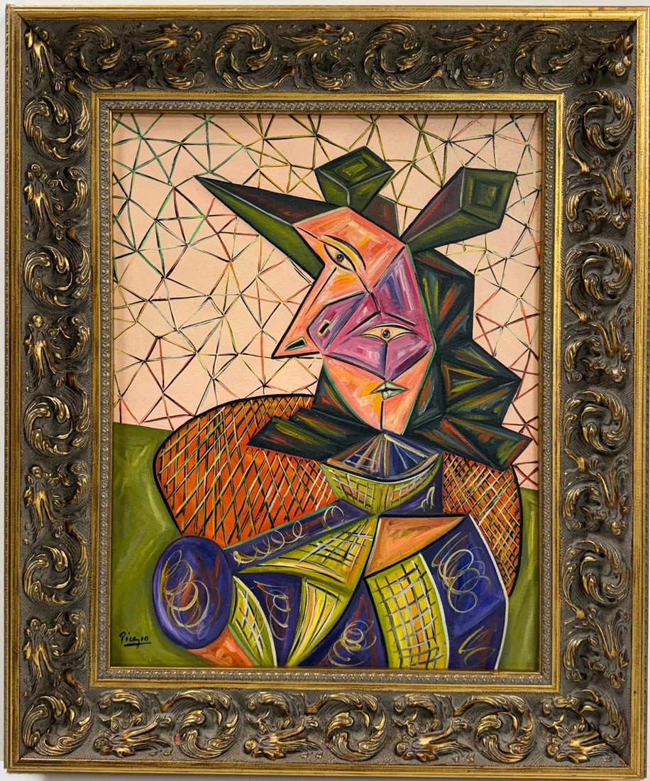 Pablo Picasso Spanish Oil on Canvas In The Style Of. Dali, Magritte, Chagall & Picasso Era: Title: Untitled Technique: Oil on canvas Measures: 20 x 15 inches Year: 1937 Condition: Good Collection: Private collection Visual Description:This dynamic oil on canvas composition features a highly 
