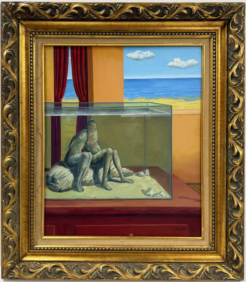 Rene Magritte Belgian 1898 - 1967 Untitled Oil on Canvas Painting in The Style of. Dali, Picasso Era: Title: Untitled Technique: Oil on canvas Measures: 24 x 20 inches Year: Unknown Condition: Good Collection: Private collection Visual Description:This surrealist oil painting presents a meticulously r