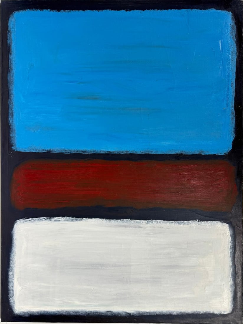 Mark Rothko Russian 1903 - 1970 Oil on canvas painting in the style of. Pollock, Kline, Abstract Era: Title: Untitled Technique: Oil on canvas Dimensions: 51 x 38 inches Collection: Private Collection Description:This oil on canvas composition emphasizes the interplay of color fields, featuring three