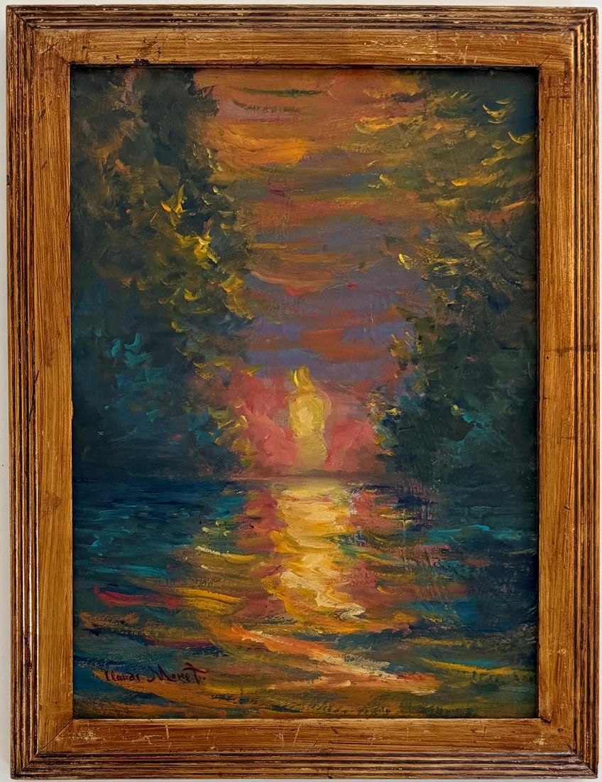 Claude Monet French 1840 - 1926 Oil on canvas In the Style of. Renoir & Manet Impressionist Era.: Title: Untitled Technique: Oil on canvas Measures: 14.5 x 10.5 inches Year: Unknown Condition: Good Collection: Private collection Visual Description:This intimate oil painting captures the atmospheri