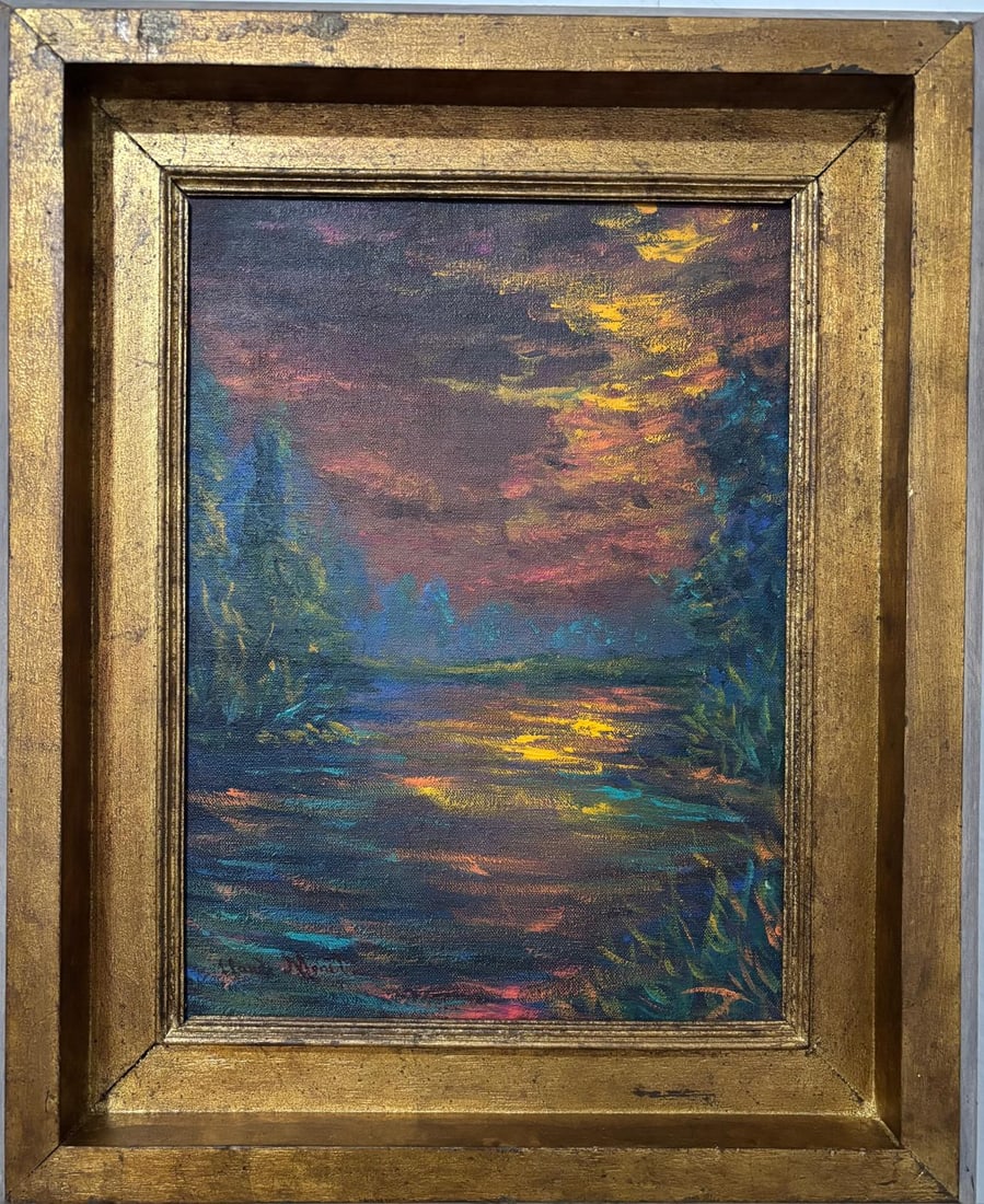 Claude Monet French 1840 - 1926 Oil on canvas In the Style of. Renoir & Manet Impressionist Era.: Title: Untitled Technique: Oil on canvas Measures: 22 x 18 inches Year: Unknown Condition: Good Collection: Private collection Visual Description:This oil painting depicts a radiant twilight scene ove