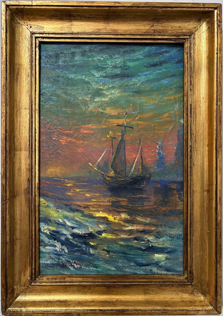 Claude Monet French 1840 - 1926 Oil on canvas In the Style of. Renoir & Manet Impressionist Era.: Title: Untitled Technique: Oil on canvas Measures: 19 x 13 inches Year: Unknown Condition: Good Collection: Private collection Visual Description:This atmospheric seascape painting captures the romant