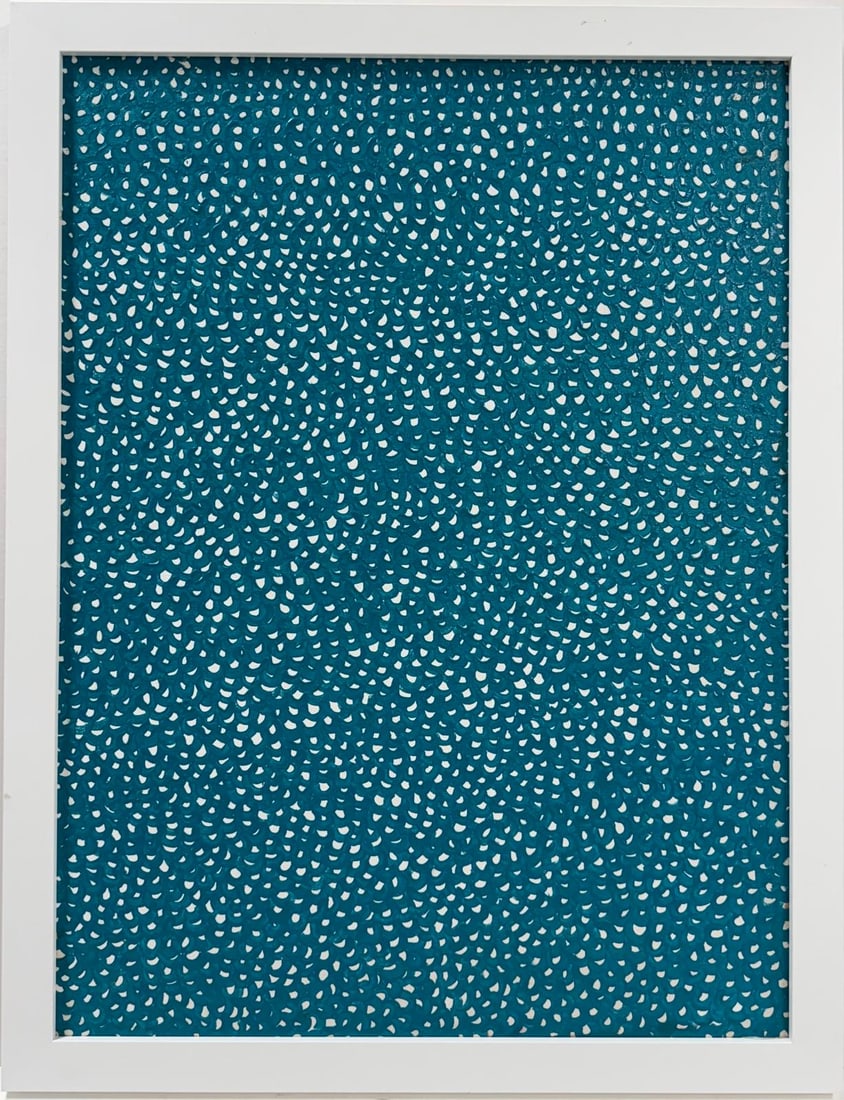 Yayoi Kusama (B.1929), In the Style of. Andy Warhol and Haring Pop Art Era. Oil on canvas: Title: Infinity Nets Technique: Oil on canvas Measures: 31 x 23 inches Year: 2002 Condition: Good Collection: Private collection Visual Description:This painting features a hypnotic pattern of delicat