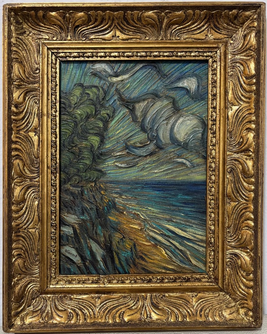 Vincent Van Gogh Dutch 1853-1890 Oil on Canvas painting. Gaugin & Van Gogh Impressionist Period.: Title: Untitled Technique: Oil on canvas Measures: 16 x 12 inches Year: Undated Condition: Good Private Collection Artwork Description:This expressive oil on canvas depicts a dramatic coastal landscap