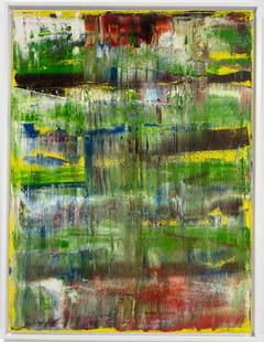 Gerhard Richter German B:1932 Oil on Canvas painting In the Style of Warhol, Haring Era: Title: Untitled Technique: Oil on canvas Measures: 31 x 23 inches Year: 1994 Condition: Good Private Collection Artwork Description:This vibrant oil on canvas, dated 1994, is a layered abstraction of