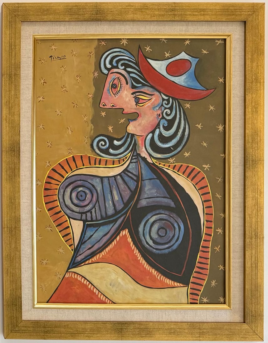 Pablo Picasso Spanish Oil on Canvas In The Style Of. Dali, Magritte, Chagall & Picasso Era: Title: Untitled Technique: Gouache on paper Measures: 18 x 12 inches Year: Undated Condition: Good Private Collection Artwork Description:This vibrant gouache on paper features a striking female figur