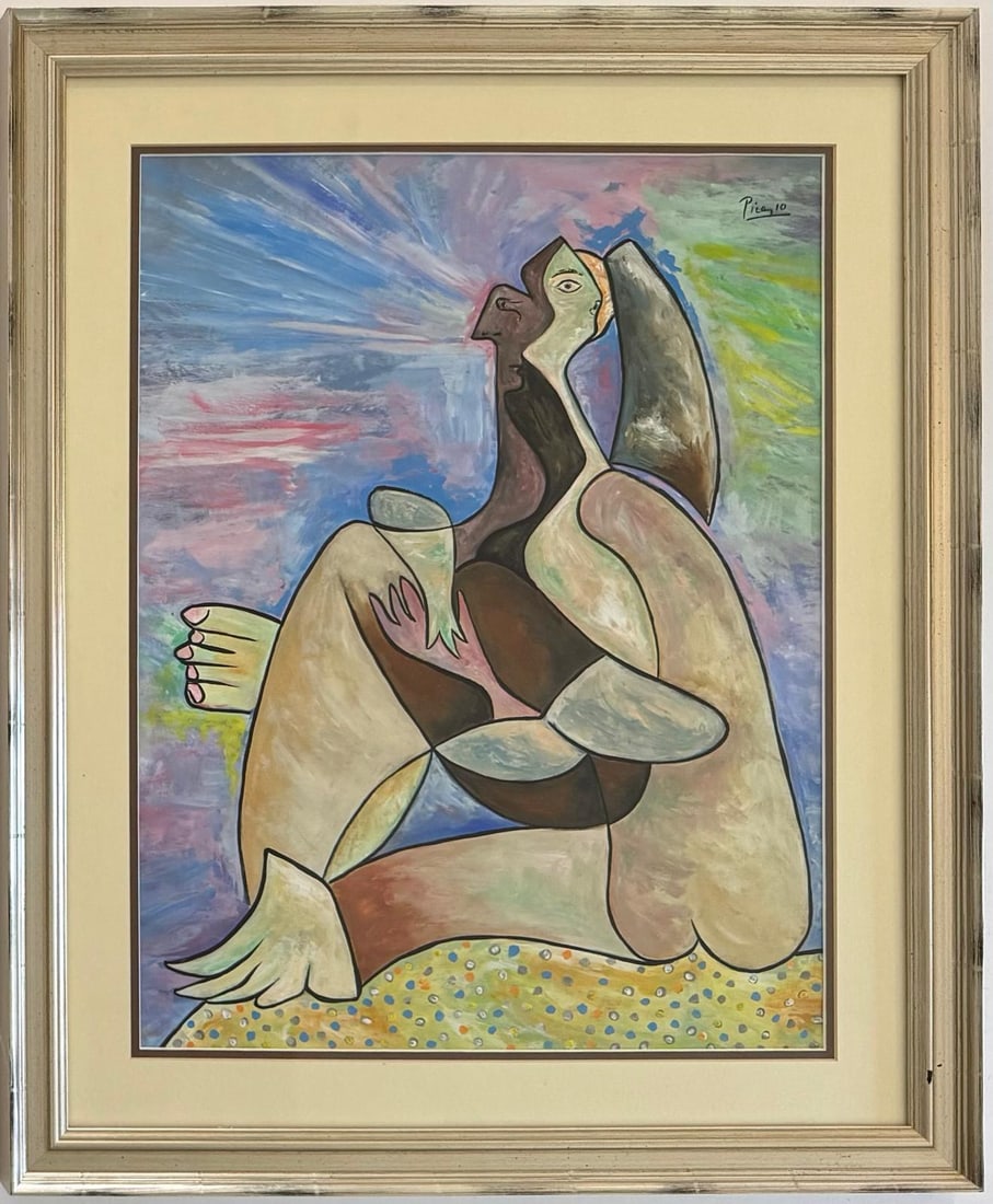Pablo Picasso Spanish Oil on Canvas In The Style Of. Dali, Magritte, Chagall & Picasso Era: Title: Untitled Technique: Gouache on paper Measures: 17 x 13 inches Year: Undated Condition: Good Private Collection Artwork Description:This dynamic gouache on paper portrays a seated female figure 