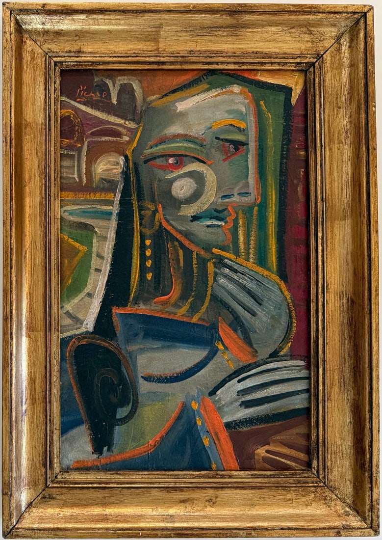 Pablo Picasso Spanish Oil on Canvas In The Style Of. Dali, Magritte, Chagall & Picasso Era: Title: Untitled Technique: Oil on canvas Measures: 16 x 10 inches Year: Undated Condition: Good Private Collection Artwork Description:This richly textured oil on canvas presents a stylized portrait o