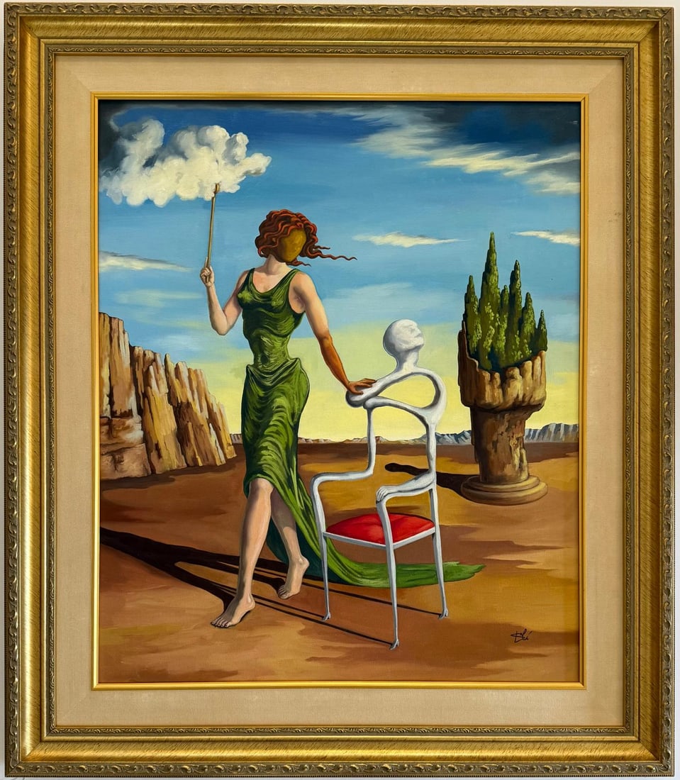 Salvador Dali Spanish 1904 - 1989 Gouache on Paper in the style of. Magritte & Dali Surrealism: Title: Untitled Technique: Oil on canvas Measures: 24 x 20 inches Year: Undated Condition: Good Private Collection Artwork Description:This surreal oil on canvas immerses the viewer in a dreamlike, sy