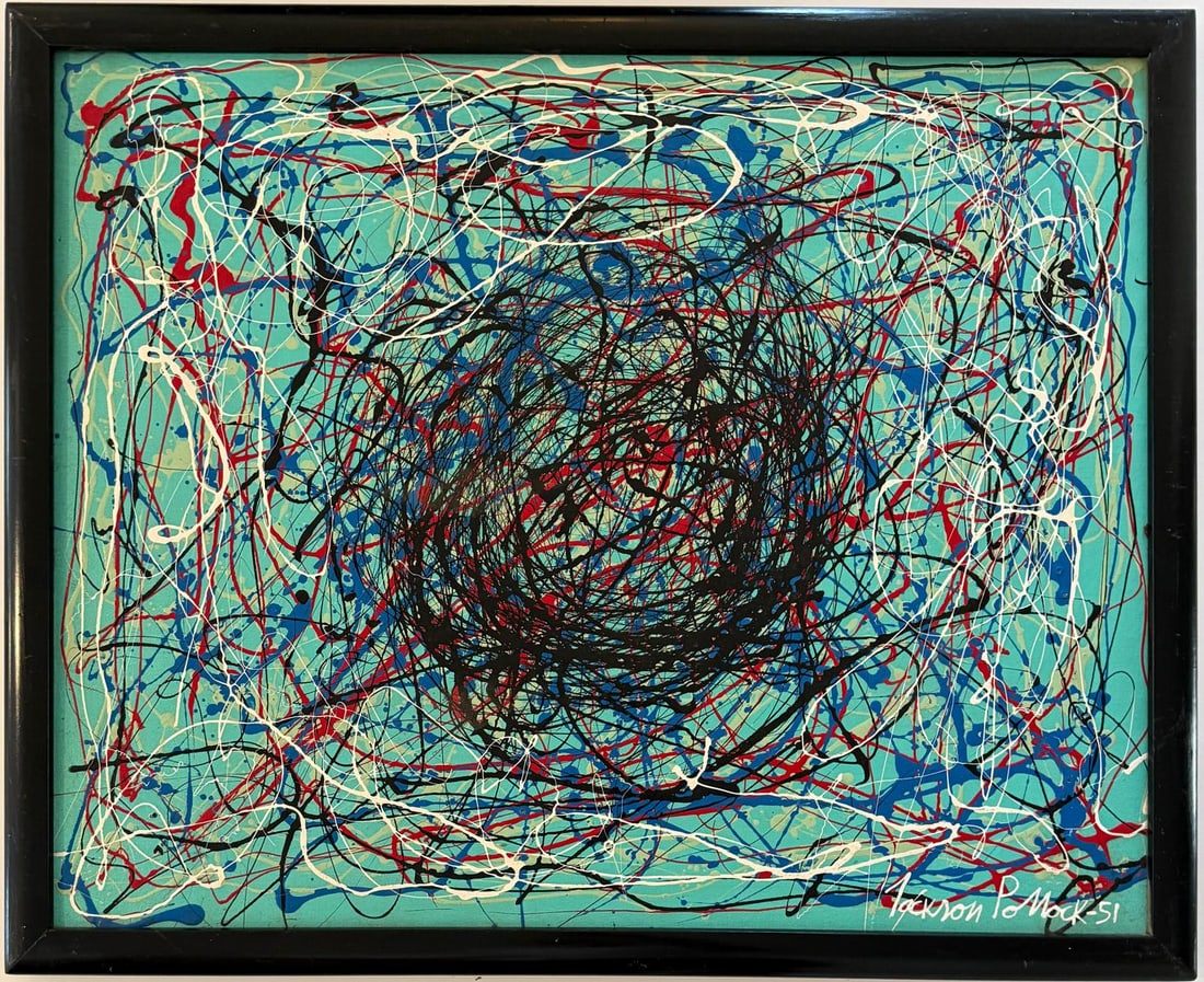 Jackson Pollock American Oil on canvas Painting In The Style of. Rothko, Kline, de Kooning Era: Title: Untitled Technique: Oil on canvas Measures: 22 x 28 inches Year: Undated Condition: Good Private Collection Artwork Description:This striking oil on canvas explodes with frenetic energy and mov