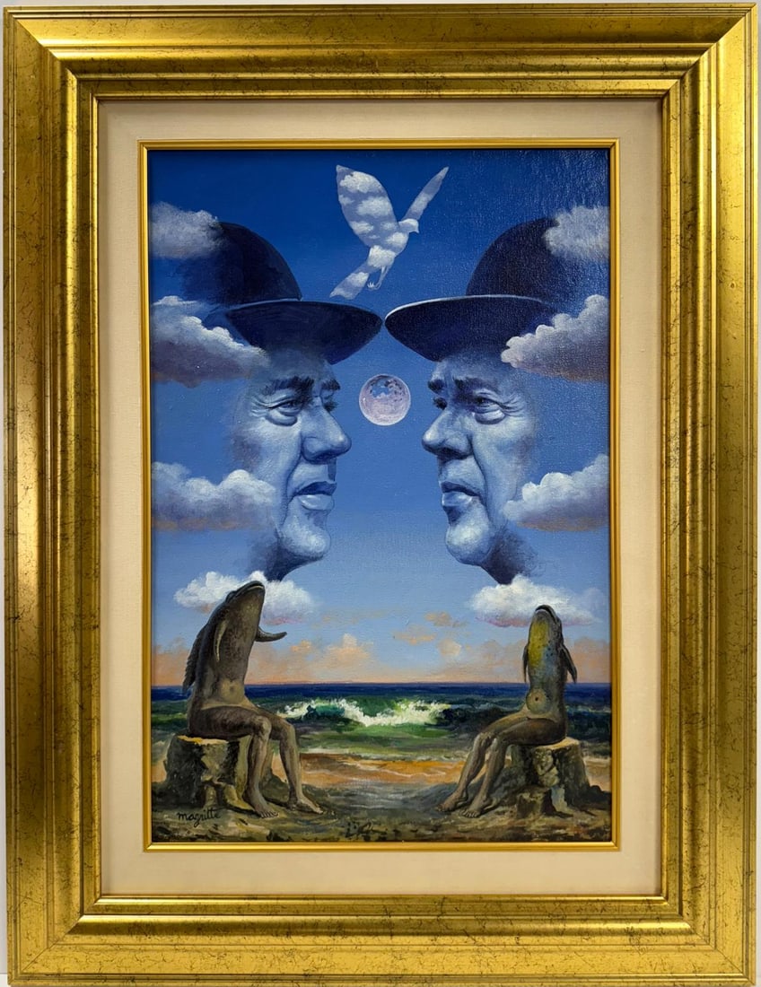 Rene Magritte Belgian 1898 - 1967 Gouache on Paper in The Style of. Art Deco-Surrealist Era.: Title: Untitled Technique: Oil on canvas Measures: 24 x 16 inches Year: Undated Condition: Good Private Collection Artwork Description:This surrealist oil on canvas presents a hauntingly symmetrical d