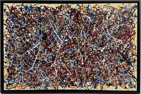 Jackson Pollock American Oil on canvas Painting In The Style of. Rothko, Kline, de Kooning Era: Title: Untitled Technique: Oil on canvas Measures: 25 x 29 inches Year: Undated Condition: Good Private Collection Artwork Description:This striking oil on canvas bursts with energy in a complex latti