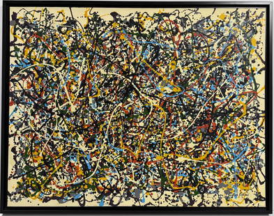 Jackson Pollock American Oil on canvas Painting In The Style of. Rothko, Kline, de Kooning Era: Title: Untitled Technique: Oil on canvas Measures: 26 x 34 inches Year: Undated Condition: Good Private Collection Artwork Description:This dynamic oil on canvas explodes with color and movement, rend