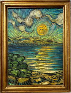 Vincent Van Gogh Dutch 1853-1890 Oil on Canvas painting in the style of Gaugin, Degas Era: Title: Zeelanhaschap Technique: Oil on canvas Measures: 17 x 13 inches Year: Undated Condition: Good Private Collection Artwork Description:This vivid oil on canvas depicts a glowing yellow sun settin
