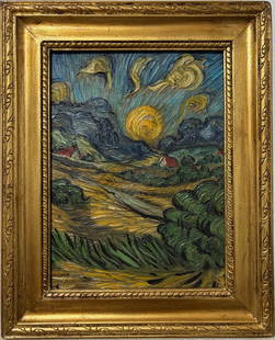 Vincent Van Gogh Dutch 1853-1890 Oil on Canvas painting in the style of . Gaugin, Degas Era: Title: Untitled Technique: Oil on canvas Measures: 13 x 10 inches Year: Undated Condition: Good Private Collection Artwork Description:This expressive oil on canvas captures a golden sun rising—or p