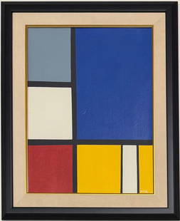 Piet Mondrian Dutch 1872- 1911 Oil on Canvas Painting in the style of. Modernism and Abstraction Era: Title: Untitled Technique: Oil on hard paper Measures: 21 x 16 inches Year: Undated Condition: Good Private Collection Artwork Description:This abstract composition showcases a geometric arrangement o