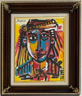 Pablo Picasso Spanish Gouache on paper In The Style Of. Dali, Magritte, Chagall & Picasso Era: Title: Unknown Technique: Gouache on paper Measures: 13 x 10 inches Year: Unknown Condition: Good Provenance: Private collection This vivid gouache on paper features a bold and colorful portrait execu