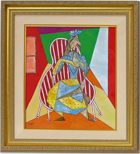 Pablo Picasso Spanish Gouache on paper In The Style Of. Dali, Magritte, Chagall & Picasso Era: Title: Unknown Technique: Gouache on paper Measures: 16 x 14 inches Year: Unknown Condition: Good Provenance: Private collection This vibrant gouache on paper features a seated female figure composed