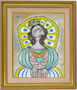 Pablo Picasso Spanish Gouache on paper In The Style Of. Dali, Magritte, Chagall & Picasso Era: Title: Unknown Technique: Gouache on paper Measures: 20 x 16 inches Year: Unknown Condition: Good Provenance: Private collection This expressive gouache on paper presents a seated female figure in a b