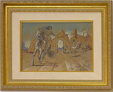 Salvador Dali Spanish 1904 - 1989 Watercolor/Paper in the style of. Magritte & Dali Surrealism: Title: Unknown Technique: Watercolor on paper Measures: 9 x 13 inches Year: Unknown Condition: Good Provenance: Private collection This captivating watercolor on paper depicts a surreal desert landsca