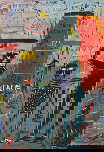 Jean Michel Basquiat Abstract In The Style of. Warhol, Haring & Basquiat Era. Oil/Canvas.: Title: Untitle Technique: Oil on canvas Measures: 55 x 39 inches Year: 1982 Condition: Good Provenance: Private collection This powerful composition presents an intense, graffiti-inspired depiction ch