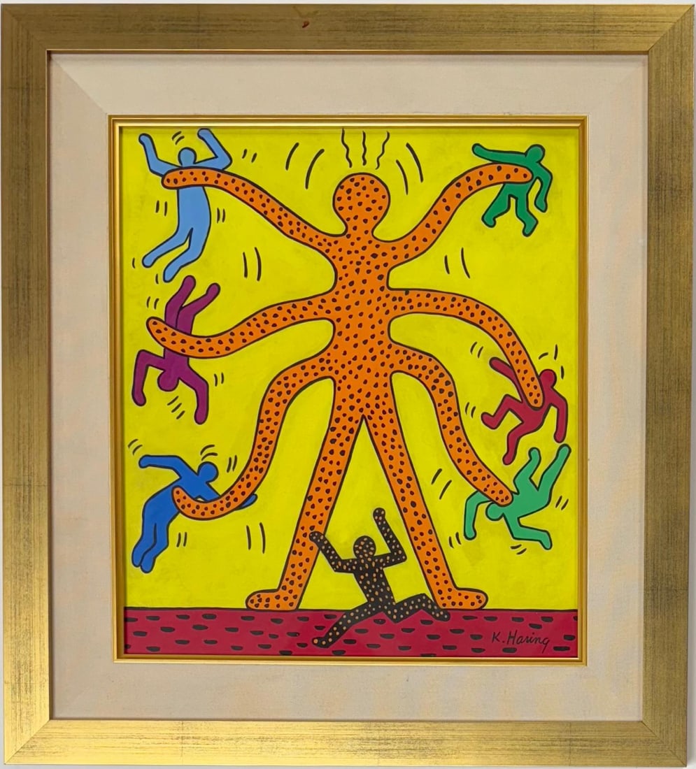 Keith Haring American 1958 - 1990 Gouache on Paper In The Style of. Warhol and Haring Pop Art Era.: Title: Untitle Technique: Gouache on paper Measures: 14 x 12 inches Year: Undated Condition: Good Provenance: Private collection This striking gouache on paper composition presents a large central fig