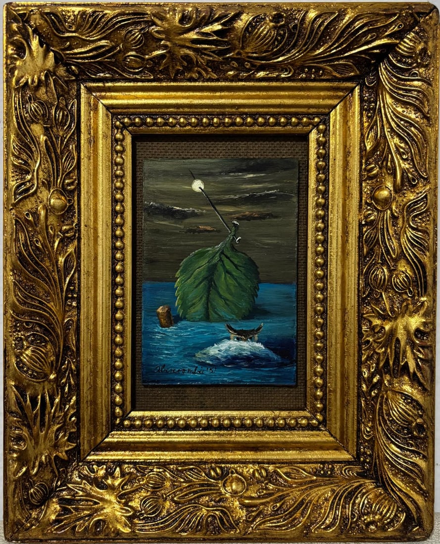 Gertrude Abercrombie American 1907-1977 Oil on Masonite Painting In the Style of: Title: Untitled Technique: Oil on masonite Measures: 9.5 x 7.5 inches Year: Undated Condition: Good Provenance: Private collection This captivating oil on masonite painting features a surreal maritime