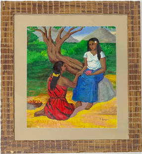 Paul Gauguin French 1848-1903 Pastel on Paper Painting in the style of Monet Picasso Van Gogh: Title: Untitled Technique: Pastel on paper Measures: 16 x 14 inches Year: Undated Condition: Good Provenance: Private collection This vibrant pastel on paper presents a serene tropical scene featuring