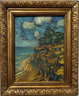 Vincent Van Gogh Dutch 1853-1890 Oil on Canvas painting. Gaugin & Van Gogh Impressionist Period.: Title: Landscape Technique: Oil on canvas Measures: 12 x 9 inches Circa: Unknown Condition: Good Provenance: Private collection Artwork Description:This expressive oil on canvas depicts a rugged coast
