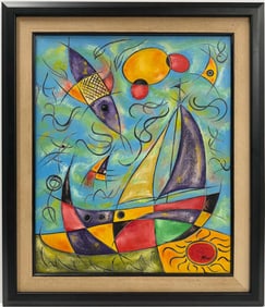Joan Miro Spanish 1893 - 1983 Oil on canvas painting in the style of. Modernism and Surrealist Era