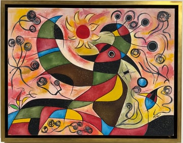 Joan Miro Spanish 1893 - 1983 Oil on canvas painting in the style of. Modernism and Surrealist Era