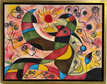 Joan Miro Spanish 1893 - 1983 Oil on canvas painting in the style of. Modernism and Surrealist Era (1 of 6)