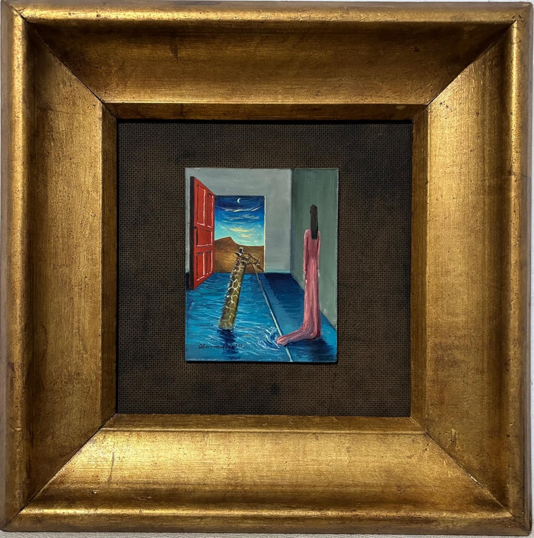 Gertrude Abercrombie American 1907-1977 Oil on Masonite Painting In the Style of: Title: Landscape Technique: Oil on canvas Measures: 13 x 13 inches Circa: Unknown Condition: Good Provenance: Private collection Artwork Description:This small-format surrealist oil painting captivate